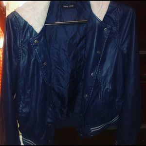 Dark Blue jacket with grey hoodie attached.